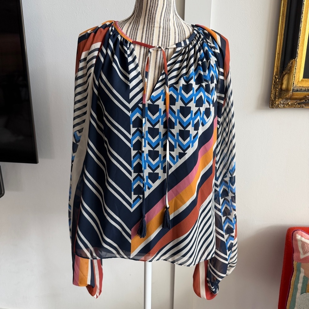 Ramy Brook Geometric Chiffon Tassel Tie Neck Blouse Size M​ - Picture 3 of 6